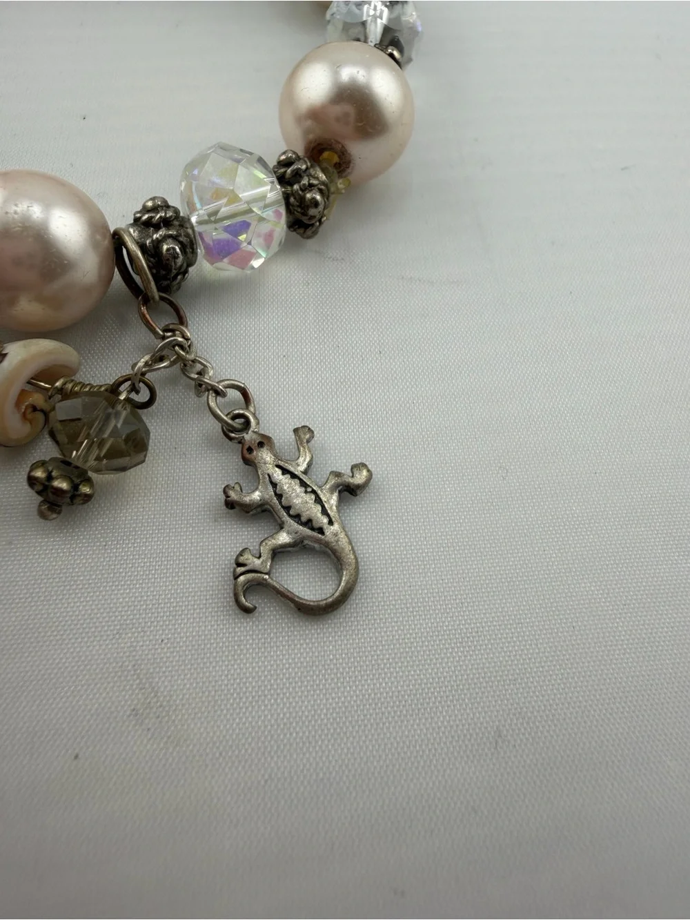 Vintage Faux Pearl Crystal Charm Bracelet Treasure Chest Dog Lizard Bracelet